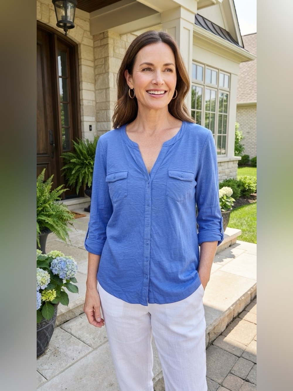 Belle® by Kim Gravel Button-Down Top Blue Cotton Modal SIZE XL NEW
